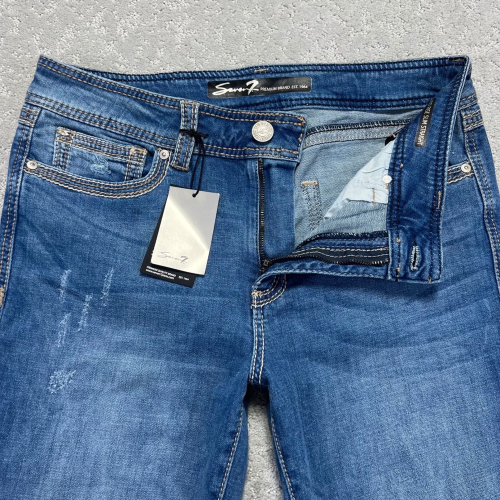 Seven7 Jeans Womens‎ 14 Blue Denim Stretch Mid Rise Slim Straight Distressed NWT